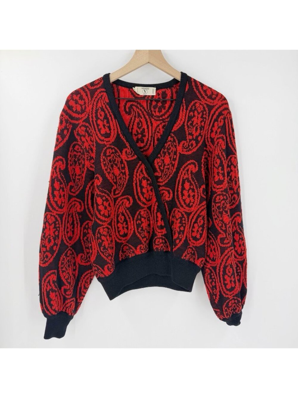 Vintage Valentino Red Wool Sweater 42 US S/M Paisley Faux Wrap